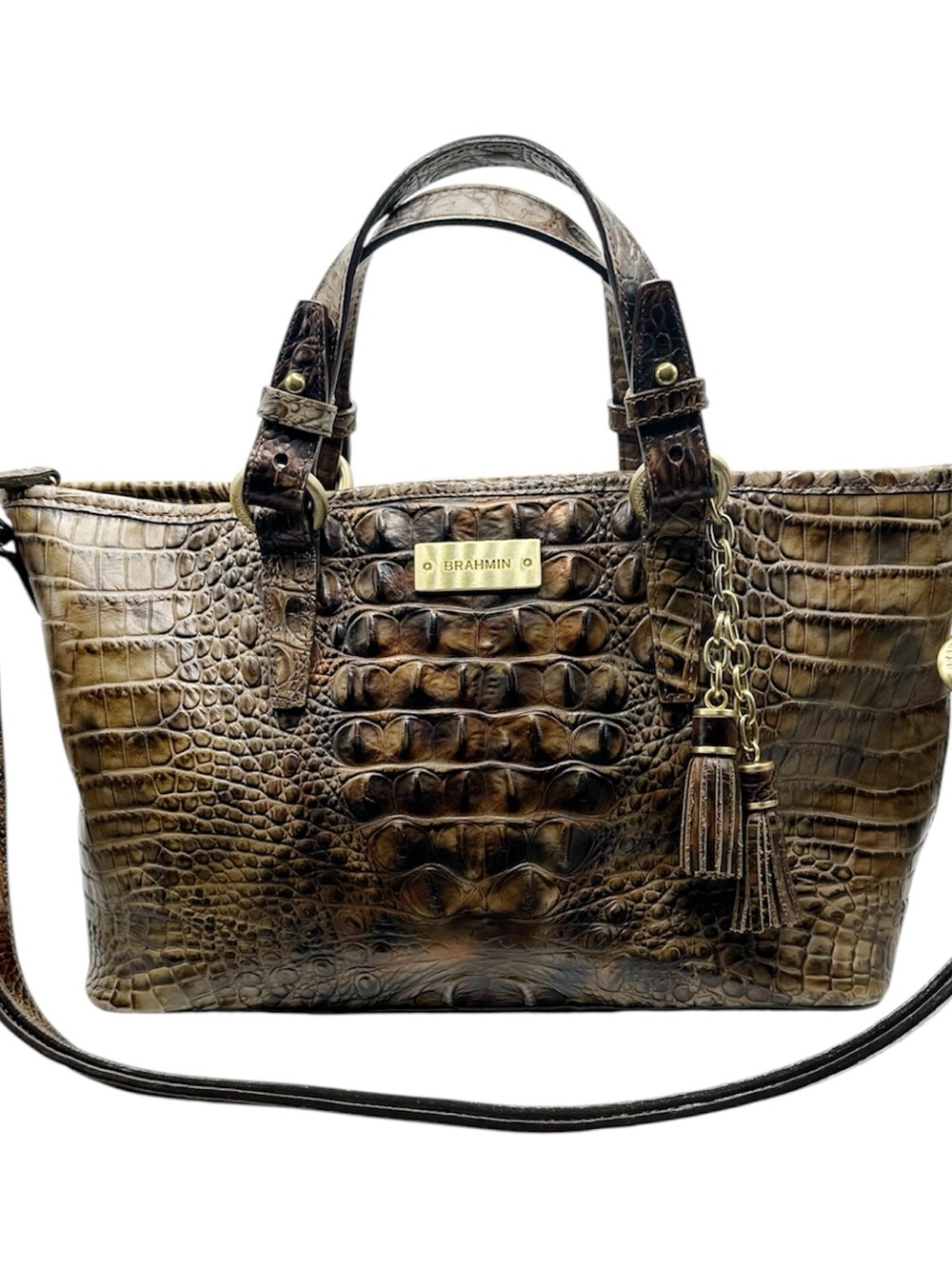 Brahmin Mini Asher Toasted Almond Melbourne Croc Embossed Leather Satchel Bag